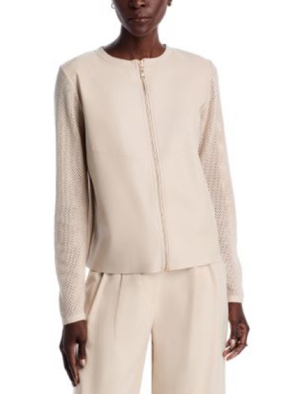 Sioni  Mixed Media Lightweight Zip-Front Knit Sleeve Jacket - Cream